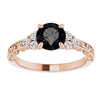 Love Band 1.50 CT Cherry Blossom Black Engagement Ring 14k Rose Gold, Sakura Black Diamond Ring, Floral Black Onyx Diamond Ring, Flower Black Diamond Ring, Fancy Ring For Her