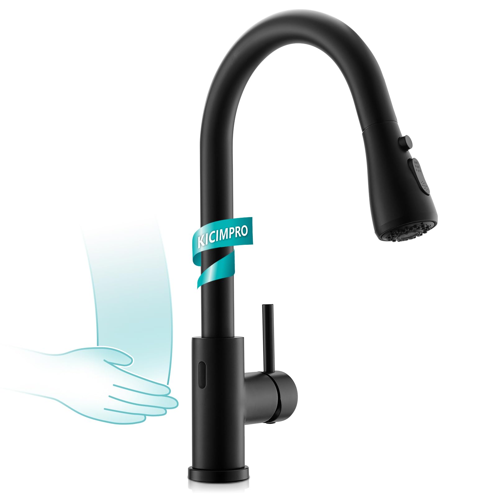Kicimpro Black Touchless Kitchen Faucet with Pull Down Sprayer Single Handle, Side Motion Sensor Kitchen Touchless Faucet with Water Lines, Two Modes Matte Black Touchless Faucet for Kitchen Sink