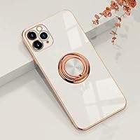 Omorro for iPhone 11 Pro Case with Ring, Built-in 360 Degree Rotation Ring Kickstand Cover Case with Shiny Plating Rose Gold Edge Work with Magnetic Car Mount Slim Soft Tup Case for Women Girls White