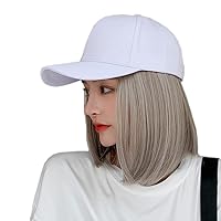 Women's Short Bob Wigs Baseball Cap with Hair Girls Wig Hats Straight Hair Wavy Natural grey