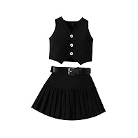 Baby Girl Summer Clothes V neck Solid Color Sleeveless Button Vest Tank Tops Pleat Short Skirt with Belt Clothes Set