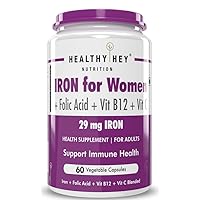 Iron Supplement for Women -100% Chelated - with Vitamin B12, Folic Acid & Vitamin C for High Absorption (60 Veg Capsules)