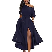 Women’s Elegant Off Shoulder Short Sleeve Belted Side Slit Cocktail Party Swing Dress with Pockets