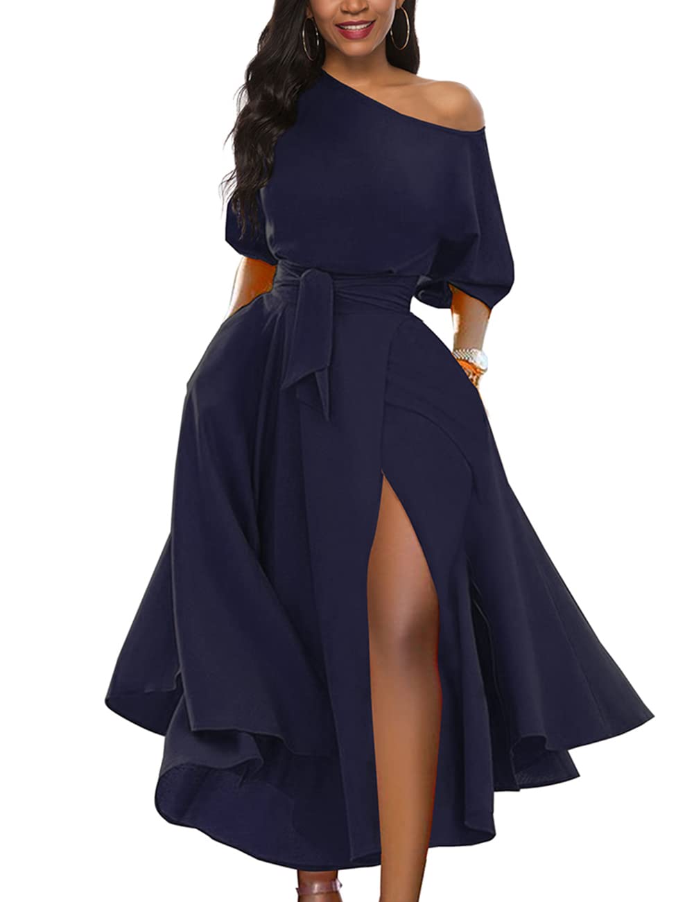 LILYIN Women’s Elegant Off Shoulder Short Sleeve Belted Side Slit Cocktail Party Swing Dress with Pockets