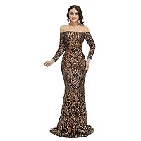Womens Sexy Long Sleeves Sequins Mermaid Evening Dress Off Shoulder Party Gowns Formal Maxi Dress