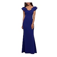 Betsy & Adam Long Over-The-Shoulder Ruffles Gown