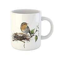 Coffee Mug Watercolor Robin Sitting on Nest Eggs Bird and Branch 11 Oz Ceramic Tea Cup Mugs Best Gift Or Souvenir For Family Friends Coworkers
