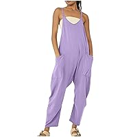 Womens Summer Jumpsuits, Fashion Sleeveless Tank Romper, Daily Casual Loose Long Pant V-Neck Overalls with Pockets