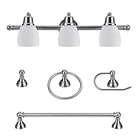 Globe Electric 51229 Jayden 5-Piece All-in-One Bathroom Set, Satin Nickel, 3-Light Vanity Light with White Opal Glass Shades, Towel Bar, Toilet Paper Holder, Towel Ring, Robe Hook