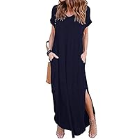 Women Summer Maxi Long Dress Solid Short Sleeve Loose Two Side Slit Pocket