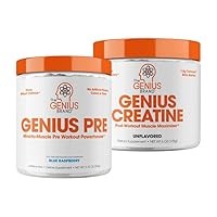 Genius Pre Workout Powder, Blue Razz, and Genius Micronized Creatine Monohydrate Powder, Unflavored, All Natural Nootropic Pre Workout and Post Workout Supplement Stack