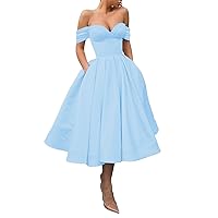 A-Line Cocktail Dresses Wedding Guest Prom Tea Length Off Shoulder Pocket with Pleats 2023