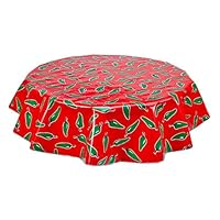 Round Freckled Sage Oilcloth Tablecloth in Jalapeños on Red (68