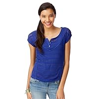 AEROPOSTALE Womens Sheer Mixed Knit Henley Sweater, Blue, Large