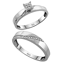 Genuine 925 Sterling Silver Diamond Trio Wedding Sets for Him and Her Diagonal Channel 3-piece 4.5mm & 3.5mm wide 0.13 cttw Brilliant Cut sizes 5-14