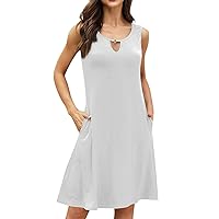 HTHLVMD Summer Sleeveless Top Ladie's Short School Sexy Soft Solid Color Ruched Sundress Polyester Loose Fitting Crew Neck Sundress Women White