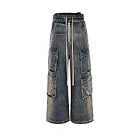 owen seak Men Jeans Loose Straight-Leg Wide-Leg Multiple Pockets Gradient Color Cargo Pants