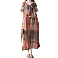 Summer Women's Patchwork Plaid Cotton Linen Skirt V-Neck Short Sleeved Loose Casual Dress with Pockets