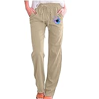 Linen Pants Women Casual Graphic Print Straight Leg Trousers Lightweight Drawstring Elastic Waist Cotton Linen Pants