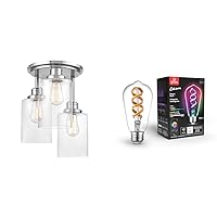 Globe Electric 61418 Annecy 3-Light Brushed Steel Semi-Flush Mount Ceiling Light with Clear Glass Shades+35847 Wi-Fi Smart 7W(60W Equivalent)Multicolor Changing RGB Tunable White Clear LED,ST19 Shape
