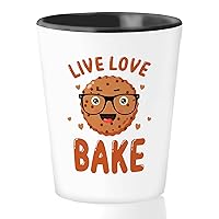 Food Lover Shot Glass 1.5oz - Live Love Bake - Funny Cookies Quote for Sweets Lover Baker Baking Biscuit Snacks Chef
