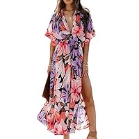 Sexy V-Neck Bohemian Style Printed Patchwork Dress Spring High Waisted Slit Women Dress XL Red