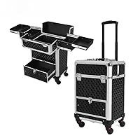 Rolling Makeup Train Case, Large Storage Professional Cosmetic Trolley Makeup Travel Case with Drawer Key Swivel Wheels Beauty Barber Tattoo Case Trunk for Makeup Nail Tech, Black