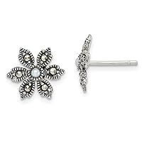925 Sterling Silver Marcasite and Freshwater Cultured Pearl Flower Post Earrings Measures 11. Jewelry for Women