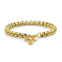 Stainless Steel Yellow tone Mens Cross Religious Round Link Bracelet Jewelry for Men