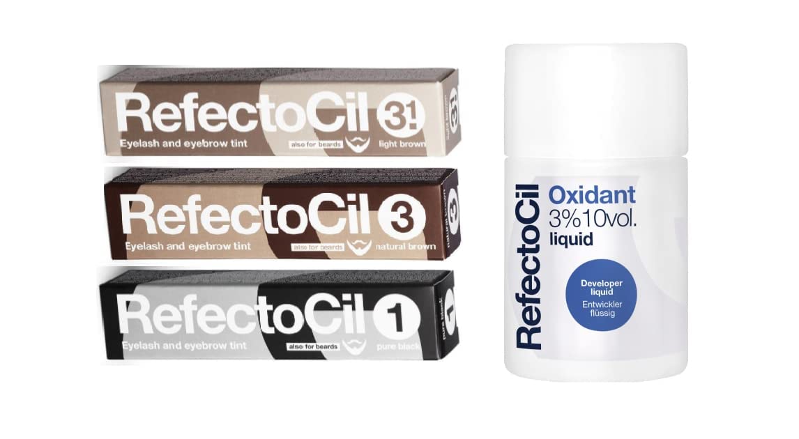 Refectocil Trio Pack [Light Brown, Natural Brown and Pure Black] Cream Hair Dye and Refectocil Oxidant 3% 10 Volume Liquid 3.38 oz