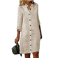 Cotton Linen Shirt Dresses for Women Sleeve Loose Lapel Dress Ladies Casual Holiday Knee Length Robe