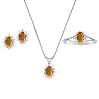 Genuine Natural Tiger Eye & Diamond Pendant, Earrings & Ring Set in Sterling Silver .925 with Chain and Gift Box