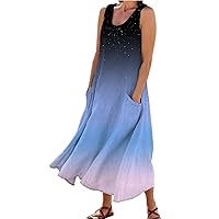 Maxi Dresses for Women 2024 Petite Sequins,Women's Crew Neck Casual Three Color Gradient Print Cuffless Pocket