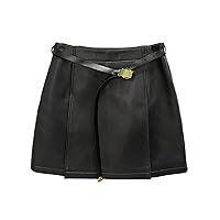 Women Y2k Vintage Black Sheepskin Skirt High Waist Genuine Leather Skirts with Belt Elegant Lady Slim Mini Skirt
