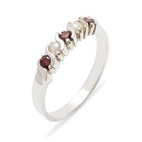 Solid 925 Sterling Silver Real Genuine Garnet & Cultured Pearl Womens Eternity Band Ring