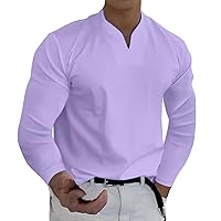 Men's Muscle Fit Dress Shirts Casual Solid Color V Neck Gentleman's Business Long Sleeve T-Shirt Lightweight Henley Shirts