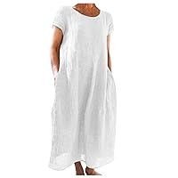 Summer Dresses for Women 2024 Crewneck Basic Short Sleeve Loose Maxi Linen Cotton Dress Lightweight Loose Beach Casual Dress with Pocket