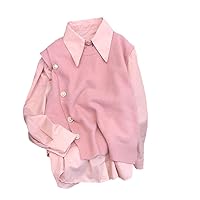 Causal Two Pieces Women Set Autumn Long Sleeve Turn-Down Collar Blouse Shirt + Pullover Buttons Knitted Vest Pink M