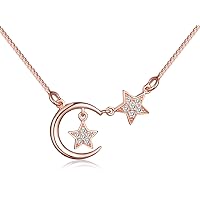 Yumilok Jewelry 925 Sterling Silver Rose Gold Plated Cubic Zirconia Elegant Moon Stars Pendant Necklace Necklet for Women/Girls
