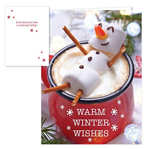 Cocoa Snowman Holiday Card Pack/Set of 25 Winter Wishes Cards/Hot Chocolate Marshmallows Design With Verse Inside/Christmas Cards With Envelopes