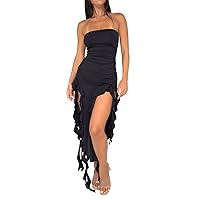 Women's Y2k Ruffle Dress Strapless Split Thigh Ruched Bodycon Midi Tube Dress Formal Summer Party Dress