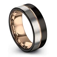 Tungsten Wedding Band Ring 9mm for Men Women 18k Rose Gold Plated Flat Cut Center Line Black Grey Half Brushed Polished
