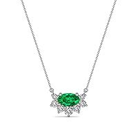 Oval Emerald & Round Natural Diamond 3/8 ctw Women Pendant Necklace. Included 16 Inches Chain 14K Gold