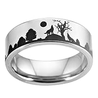8MM Width Silver Tone Howling Wolf Wolves Landscape Scene Tungsten Ring Flat Polished Finish-Free Engraving Inside