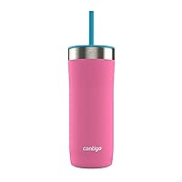 Contigo Streeterville Stainless Steel Vacuum-Insulated Tumbler with Straw and Splash-Proof Slider Lid, Keeps Drinks Hot up to 8hrs or Cold for 24hrs, Great for Travel/Work/School, 24oz Azalea