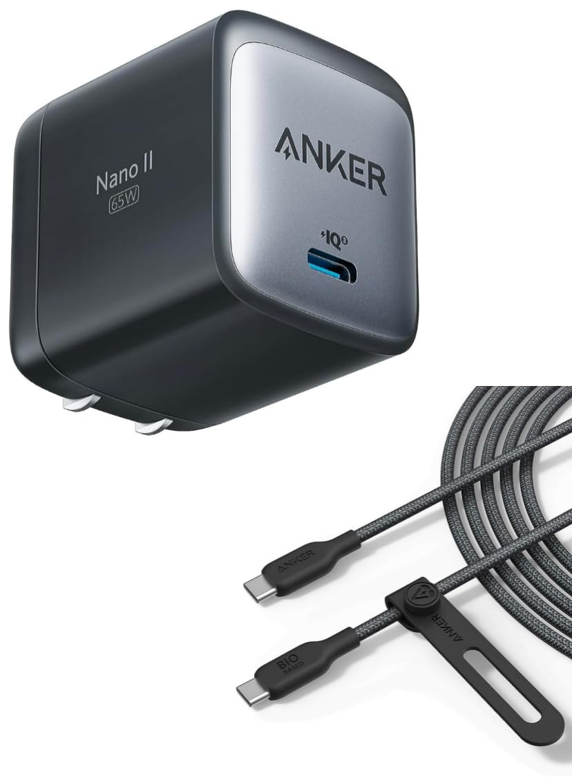 Anker 543 USB C to USB C Cable (140W, 10ft), USB 2.0 Bio-Nylon Charging Cable & Anker USB C 715 (Nano II 65W), GaN II PPS Fast Compact Foldable Charger