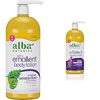 Alba Botanica Very Emollient Body Lotion, Unscented Original, 32 Oz & Very Emollient Body Wash, French Lavender, 32 Oz