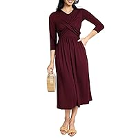 AOOKSMERY Women's Fall Casual 3/4 Sleeve V-Neck Swing Dress Cross-Over Front Elegant Midi Party Dresses with Pockets 2023