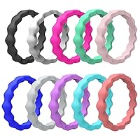 Womens 3mm Wide Wave Silicone Wedding Ring 10pcs sets Green Blue White Stackable Rubber Bands - US Size 4-10
