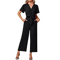 JASAMBAC Women's 2024 Summer Wide Leg Jumpsuits Casual Dressy One Piece Outfits V Neck High Waist Linen Romper with Pockets